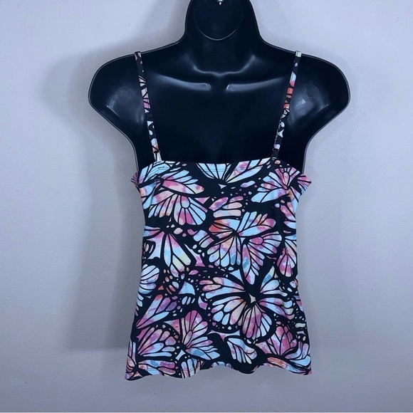 MEDIUM JUNIORS BLACK COLORFUL BUTTERFLY TANK RETRO SLEEVELESS STRETCH TOP - Picture 4 of 12